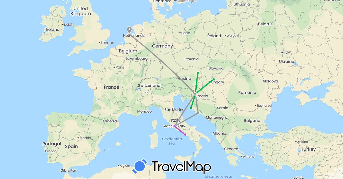 TravelMap itinerary: driving, bus, plane, train in Austria, Croatia, Hungary, Italy, Netherlands (Europe)